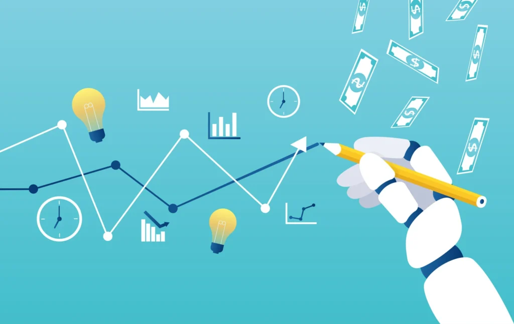 Vector image of a robot hand drawing a line graph rising and falling. After a Major Google Algorithm update, your website rankings may drop immeidately and begin climbing back up after a few weeks.