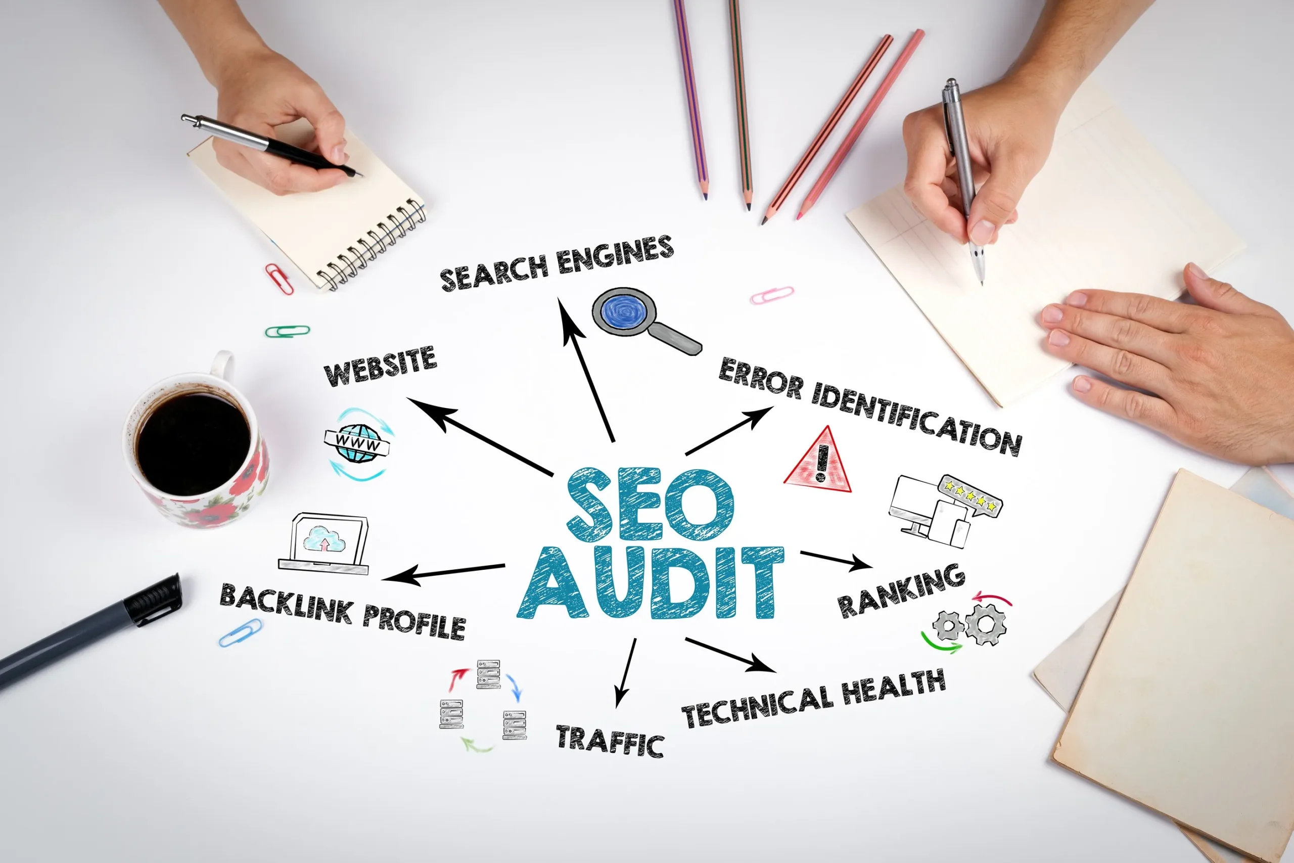 SEO Audit flow chart on a white board.